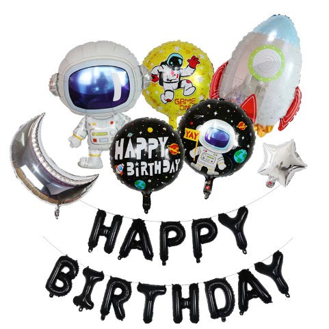 Set baloane aniversare 8 piese, ANGELBEAR, tematica HAPPY BIRTHDAY, Figurine Astronaut Racheta, 1 luna, 1 stea, 3 baloane folie, Multicolor